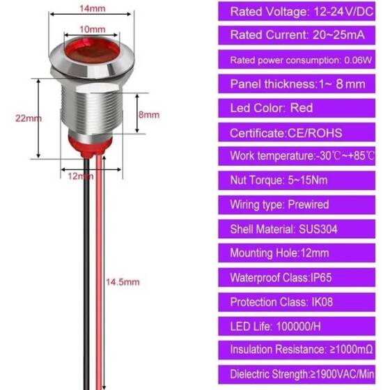 12mm 10-24V Beyaz LED Metal Sinyal Lambası 15cm Kablolu - Metal İndicator Light - 5