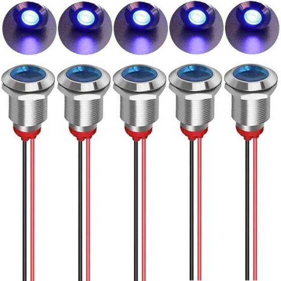 12mm 220V Mavi LED Metal Sinyal Lambası 15cm Kablolu - Metal İndicator Light - 1