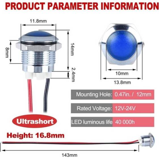 14mm 10-24V Mavi LED Metal Sinyal Lambası 15cm Kablolu - Metal İndicator Light - 2