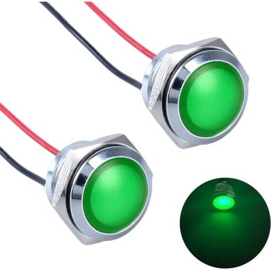 14mm 10-24V Yeşil LED Metal Sinyal Lambası 15cm Kablolu - Metal İndicator Light - 1