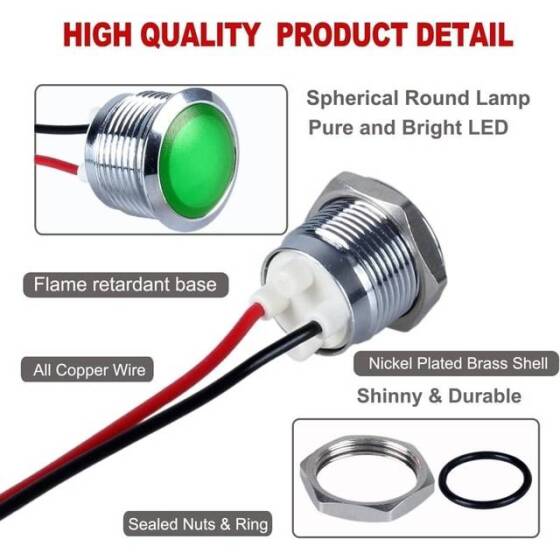 14mm 10-24V Yeşil LED Metal Sinyal Lambası 15cm Kablolu - Metal İndicator Light - 3