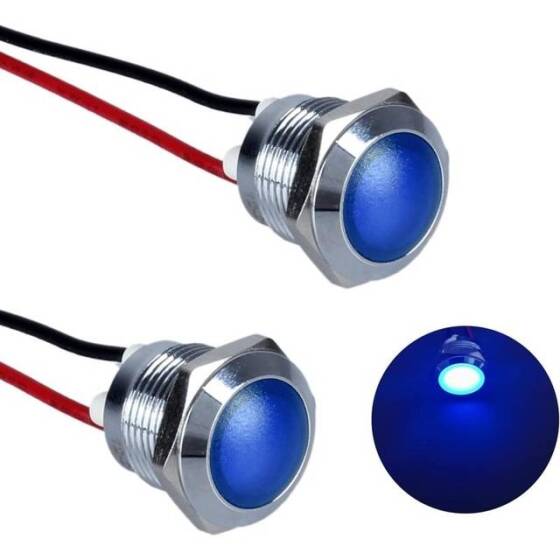 14mm 220V Mavi LED Metal Sinyal Lambası 15cm Kablolu - Metal İndicator Light - 1