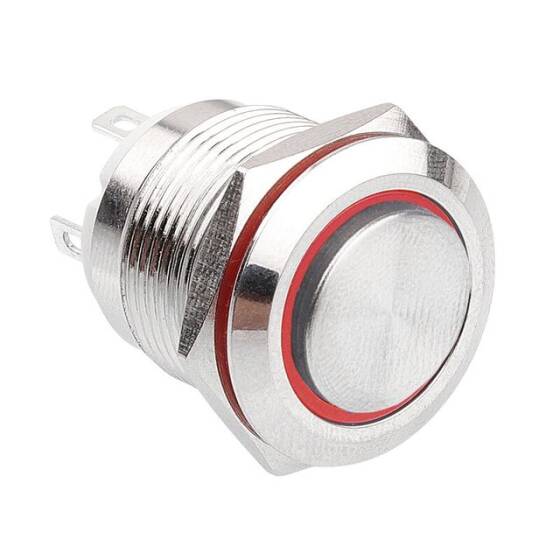 19H-G1-E 19mm Çıkık Yaylı Işıklı Metal Buton - Kırmızı - 1