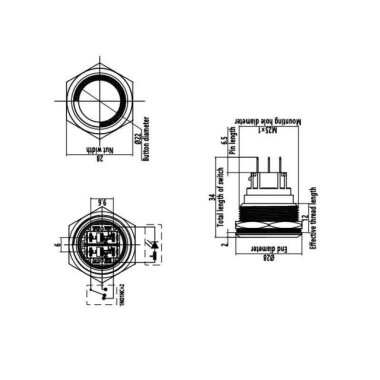 25B-P1-E 25mm Düz Yaylı Işıklı Metal Buton - Kırmızı - 2