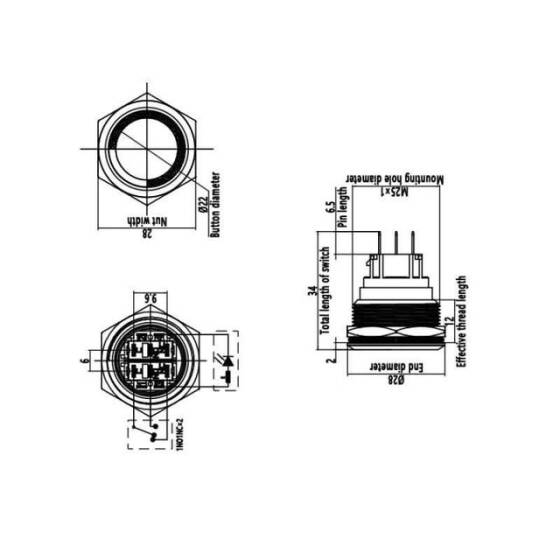 25B-P1-E 25mm Düz Yaylı Işıklı Metal Buton - Kırmızı - 2