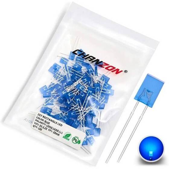 2V 20mA 257 Şeffaf Pure Yeşil Dikdörtgen Led 28mm Bacak Uzunluğu - 1