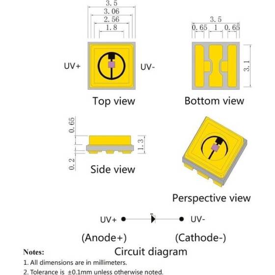 3535 405-410nm Mor 1W 120 Derece Power Led Top Başlıklı - 3