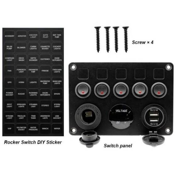 5'li ON-OFF Kırmızı Nokta Işıklı Anahtar Switch Panel 2x5V USB Çakmaklık ve Voltaj Göstergeli - 3