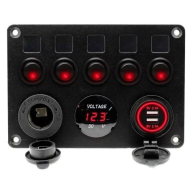 5'li ON-OFF Kırmızı Nokta Işıklı Anahtar Switch Panel 2x5V USB Çakmaklık ve Voltaj Göstergeli - Görsu Elektronik