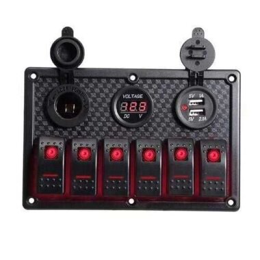 6'lı ON-OFF Kırmızı Işıklı Anahtar Switch Panel 2x5V USB Çakmaklık ve Voltaj Göstergeli - Görsu Elektronik