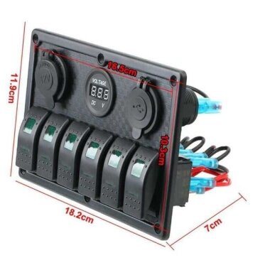 6'lı ON-OFF Kırmızı Işıklı Anahtar Switch Panel 2x5V USB Çakmaklık ve Voltaj Göstergeli - 3