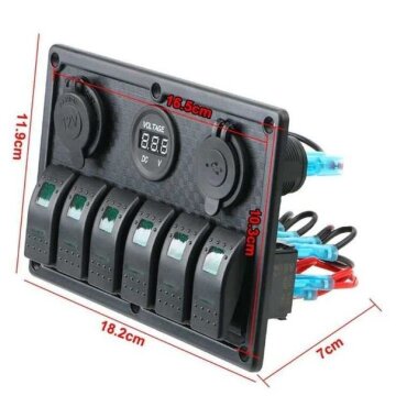 6'lı ON-OFF Yeşil Işıklı Anahtar Switch Panel 2x5V USB Çakmaklık ve Voltaj Göstergeli - 3