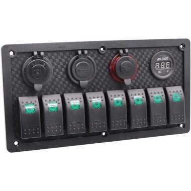 8'li ON-OFF Yeşil Işıklı Anahtar Panel 2x5V USB 2xÇakmaklık ve Voltaj Göstergeli - Görsu Elektronik