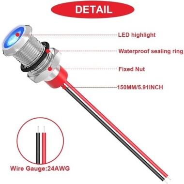 8mm 10-24V Mavi LED Metal Sinyal Lambası - Metal İndicator Light - 3