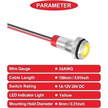 8mm 10-24V Sarı LED Metal Sinyal Lambası - Metal İndicator Light - 2