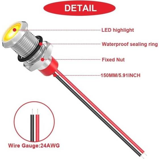 8mm 10-24V Sarı LED Metal Sinyal Lambası - Metal İndicator Light - 3