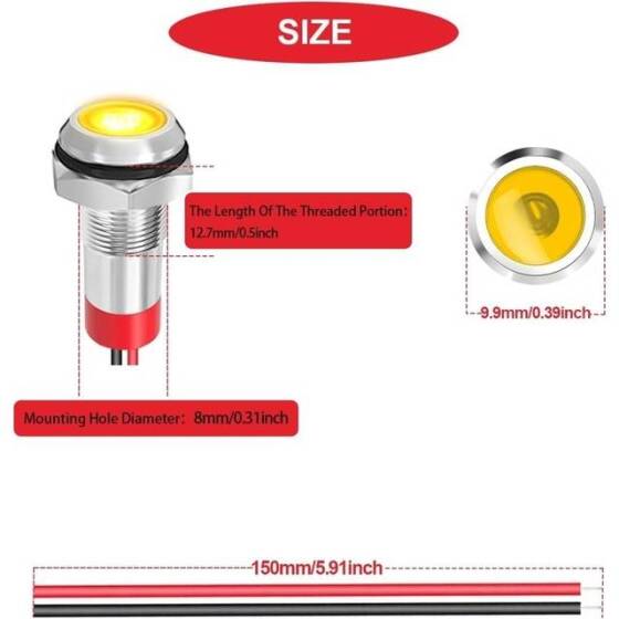 8mm 10-24V Sarı LED Metal Sinyal Lambası - Metal İndicator Light - 4