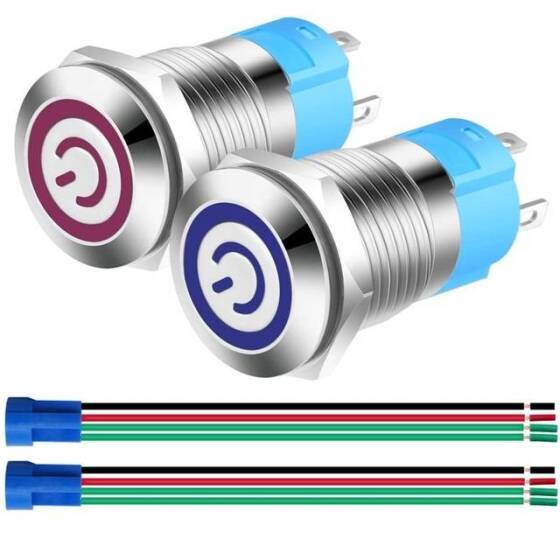 Çıkık Kafa 12mm 110-220V Su Geçirmez Kendinden Kilitli Metal Push Buton Mavi Ledli Soket Dahil - 1