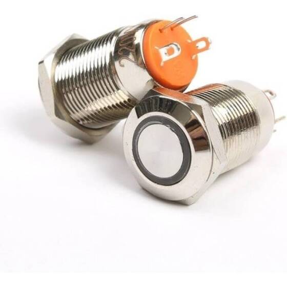Düz Kafa 12mm 110-220V Su Geçirmez Kendinden Kilitli Metal Push Buton Beyaz Ledli - 3