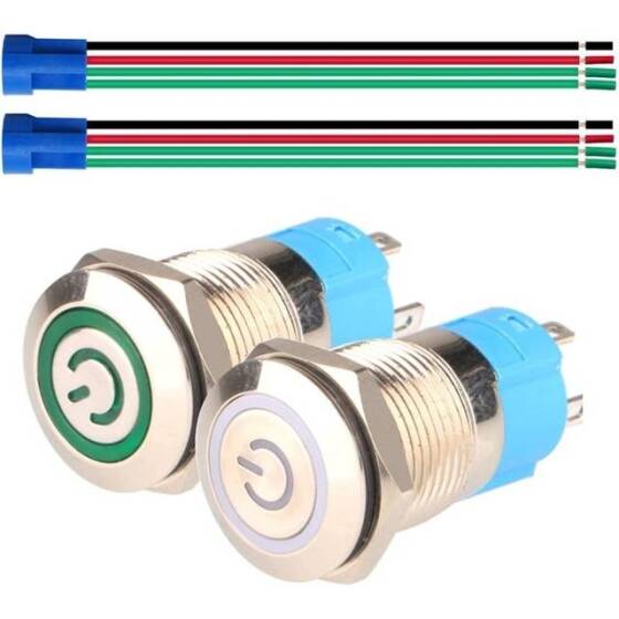 Düz Kafa 12mm 110-220V Su Geçirmez Kendinden Kilitli Metal Push Buton Yeşil Ledli Soket Dahil - 1