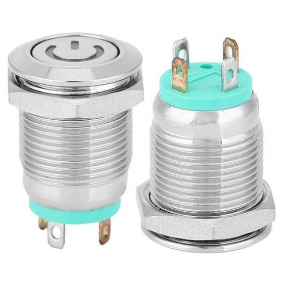 Düz Kafa 12mm 12-24V Su Geçirmez Kendinden Kilitli Metal Push Buton Yeşil Ledli - 4