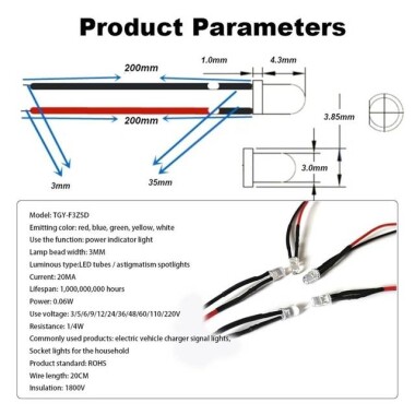 110V 3mm Water Clear Ice Blue LED Indicator Light With 20cm Cable - 3