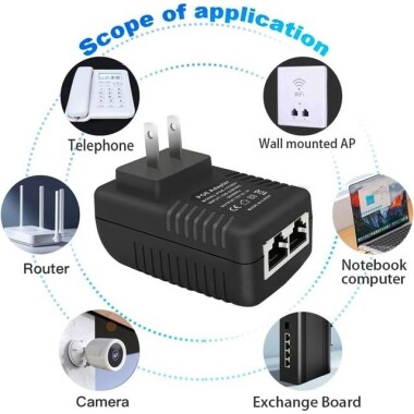 15V 1A 100M PoE Injector US Plug - Silver Network Port - 4