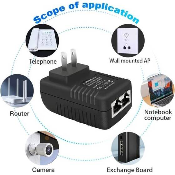 15V 1A 100M PoE Injector US Plug - Silver Network Port - 4