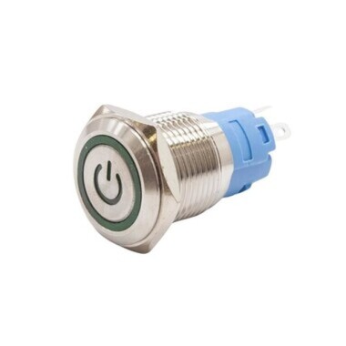 16A-P1Z-EC 16mm Flat Key Illuminated Power Metal Button - Green - Görsu Elektronik