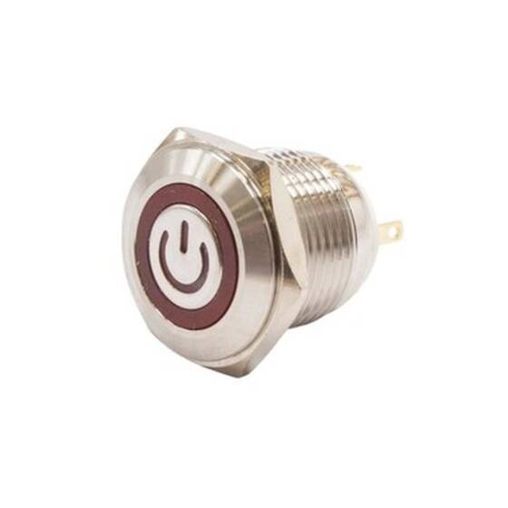 16H-P1-EC 16mm Flat Spring Illuminated Power Metal Button - Red - 1