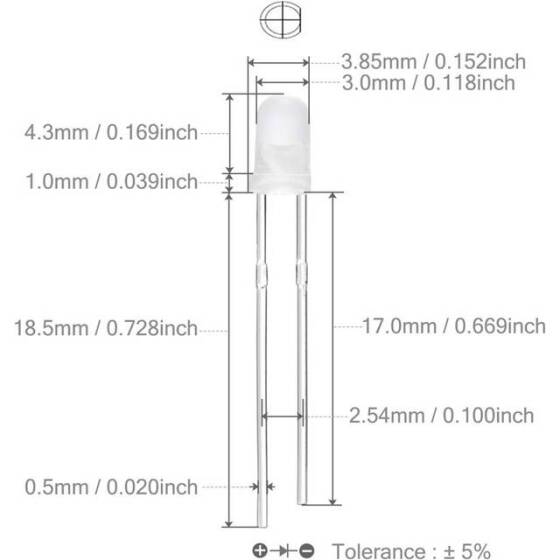 18mm Leg 3mm LED White Use 3V 20mA - 3