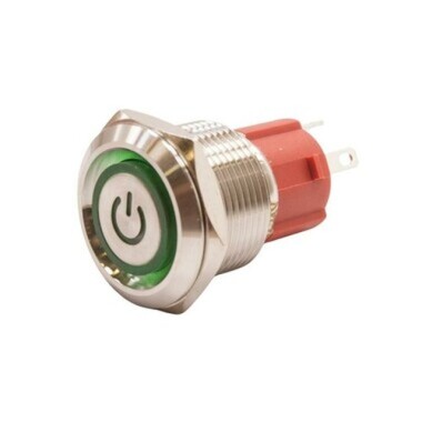 19D-P1-EC 19mm Flat Spring Illuminated Power Metal Button - Green - Görsu Elektronik