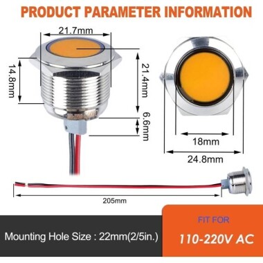 22-28V 8mm Yellow LED Indicator Light With 20cm Cable - 2