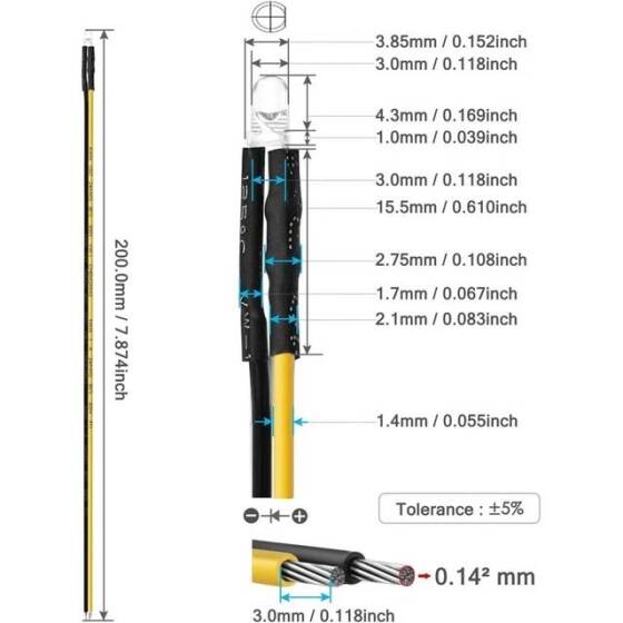 220V 3mm Yellow LED Indicator Light With 20cm Cable - 3