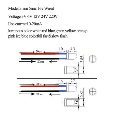 3V 3mm Water Clear RGB Quick Flash LED Indicator Light With 20cm Cable - 2
