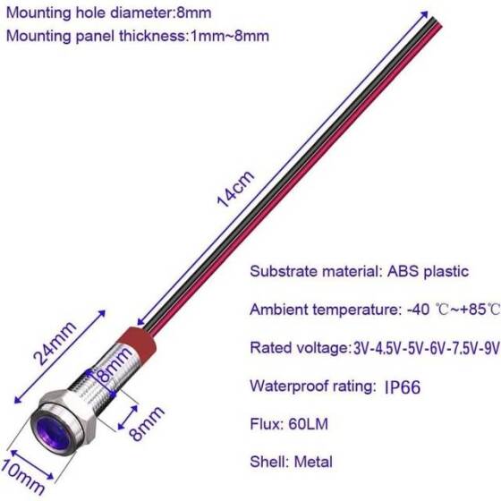 3V 8mm Water Clear Red LED Indicator Light With 20cm Cable - 4