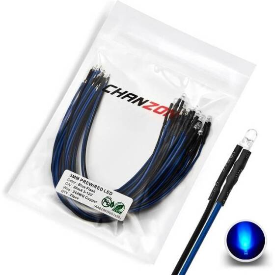 48-72V 3mm Water Clear Ice Blue LED Indicator Light With 20cm Cable - 1