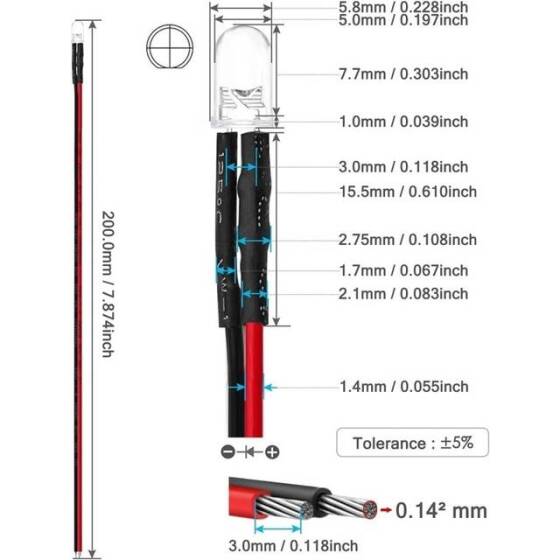 48-72V 5mm Water Clear Red LED Indicator Light With 20cm Cable - 3