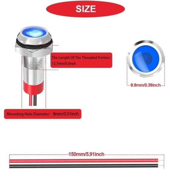 Blue 10-24V 8mm LED Metal Indicator Light - 4