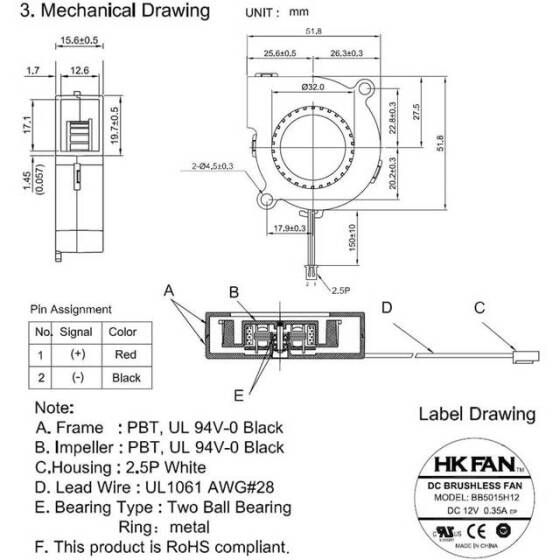 DC12V 0-28A 5015 Double Ball Centrifugal Fan With XH2-54-2P 30cm Cable Size:50x50x15mm - 4