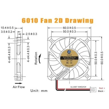 DC12V 6010 Double Ball Cooling Fan With XH2-54-2P 30cm Cable Size:60x60x10mm - 3
