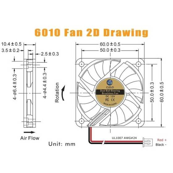 DC12V 6010 Double Ball Cooling Fan With XH2-54-2P 30cm Cable Size:60x60x10mm - 3