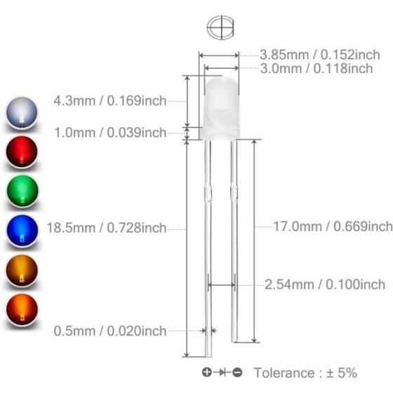 Diffused 28mm Leg 3mm Flat LED Yellow Use 2V 20mA - 3