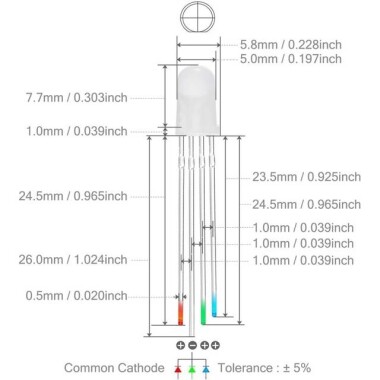 Diffused 28mm Leg 5mm 4PIN LED RGB CC Use 3V 20mA - 2