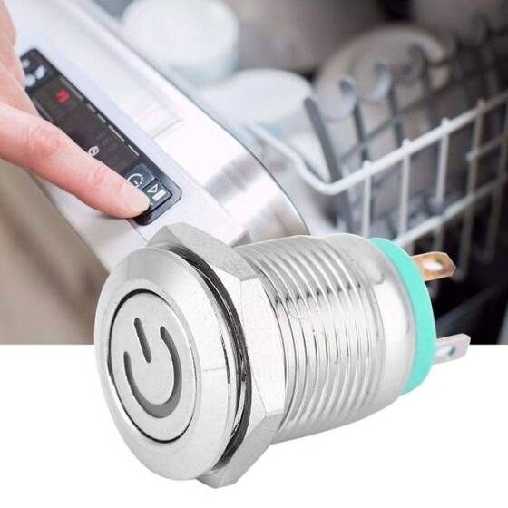 Flat Head 12mm 12-24V Waterproof Self-Locking Metal Push Button Switch With Green Led Light - 3