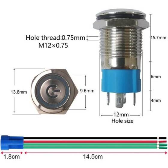 Flat Head 12mm 12-24V Waterproof Self-Locking Metal Push Button Switch With White Led Light And Switch Socket Button Connector - 3