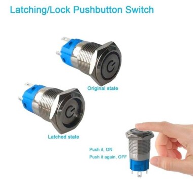 Flat Head 16mm 12-24V Waterproof Self-Locking Metal Push Button Switch With White Led Light - 3