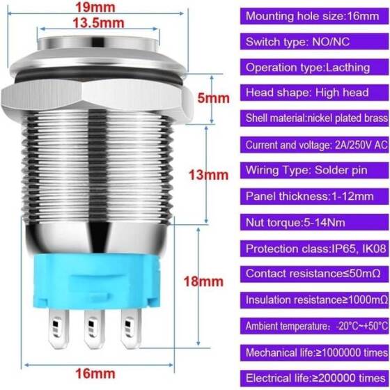 Flat Head 16mm 3-6V Waterproof Self-Locking Metal Push Button Switch With Blue Led Light And Switch Socket Button Connector - 2