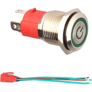 Flat Head 19mm 12-24V Waterproof Self-Locking Metal Push Button Switch With Green Led Light - 1