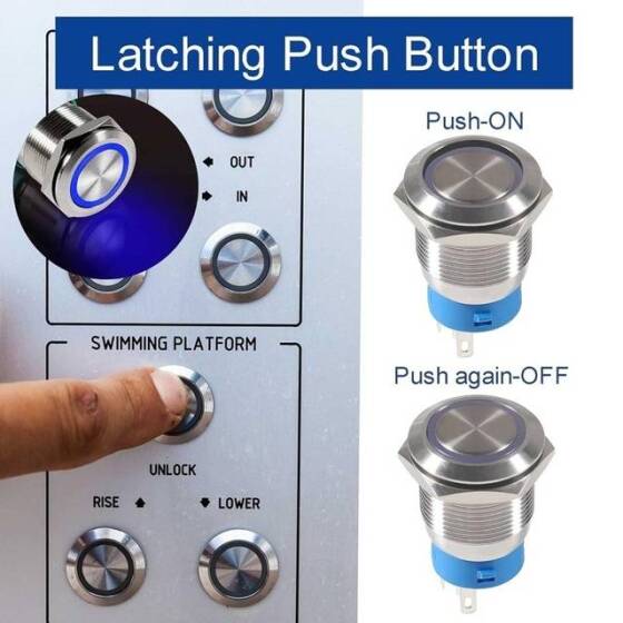 Flat Head 19mm 12-24V Waterproof Self-Locking Metal Push Button Switch With Blue Led Light And Switch Socket Button Connector - 2